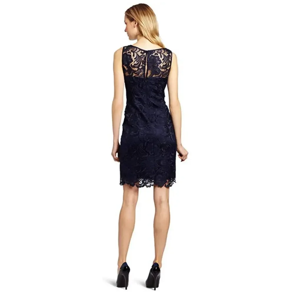 Adrianna Papell Special Occasion Navy Blue Lace Sleeveless Sheath Dress Size 8 - Picture 3 of 13